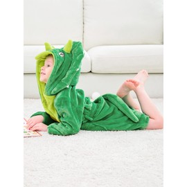 LOLANTA Boys' Girls' Hooded Flannel Bathrobes Kids Dinosaur Dressing Gown Christmas Gift(Green, 6-8 Years)