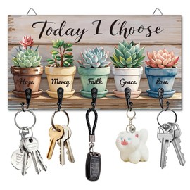 DELORIGIN Potted Succulents Plants Key Holder Key Hooks Wall Mounted Wooden Key Racks with 5 Hooks Key Storage Organizer House Key Hanger for Wall Decor Door Entryway Hallway Kitchen New Home Gift