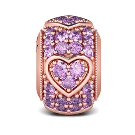 GNOCE Heart Shape Charm Bead 925 Sterling Silver Wish a Friend Twinkling Amethysts Stone Surrounded Heart Charm Fit for Bracelet/Necklace (2Rose Gold)