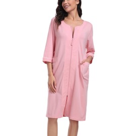ANLIQI Womens Robes Knee Length 100% Cotton Bathrobes for Woman Soft&Lightweight Housecoats Zipper Bath Robes with Pockets(Pink,L)