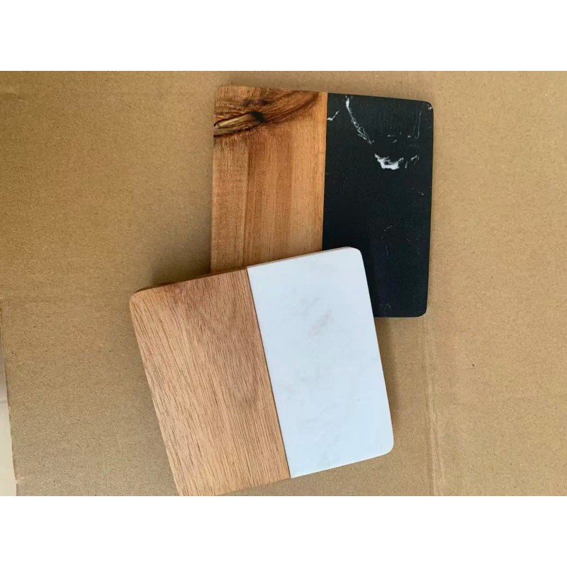 20 Pcs Natural Acacia Wooden White Marble Square Coasters Set