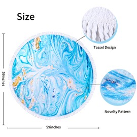 Benefeet Sox Round Beach Towel Blue Microfiber Bohemian Boho Round Beach Blanket Oversized Sand Proof Absorbent Circle Swim Towels with Tassels Gifts for Women, 59 Inches Blue Marbled Liquid Sand