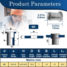 Vifmy M5 Rivet Nuts, 100 Pieces Flat Head Rivet Nuts 304 Stainless Steel Threaded Insert