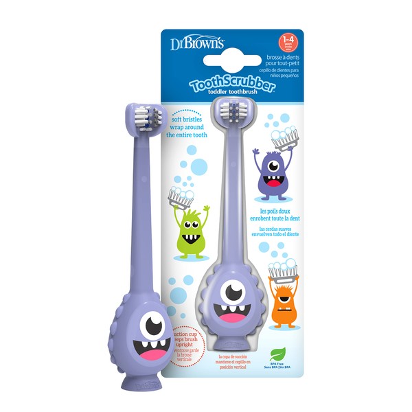 Dr. Brown’s ToothScrubber Toothbrush, Three-Sided Toddler Training Toothbrush for Ages 1-4 Years with Suction Cup Base and Color Changing Bristles