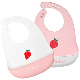 Eimmabey Silicone Bibs for Babies and Toddlers 2 Sets Feeding Bibs for Boy and Girl, Adjustable Soft Waterproof Bibs with Food Catcher Strawberry