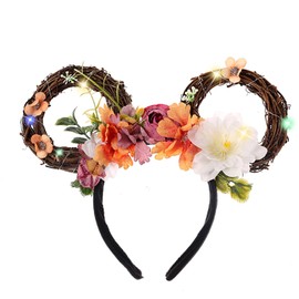JIAHANG Light Up Mouse Ear Hair Flower Crown Headband，LED Flashing Branch Mouse Ear Hairband Festival Hair Accessories for Women Girls