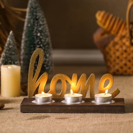 SOFE 3 Tea Light Candle Holders with Gold Home Sign, Farmhouse Wood Candle Holder Set, Three Candle Holder Centerpiece, Unique Candle Stands for Pillar Candles, Christmas, Thanksgiving Decor