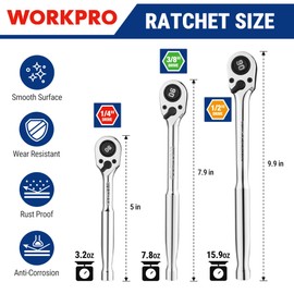 WORKPRO 3-Piece Low Profile Drive Ratchet, 1/4", 3/8", 1/2" 90-Tooth Quick-release Ratchet Wrench, Reversible, 40Cr (equivalent to SAE 5140) Made, CR-MO Low-Profile Drive Head, Full Polished