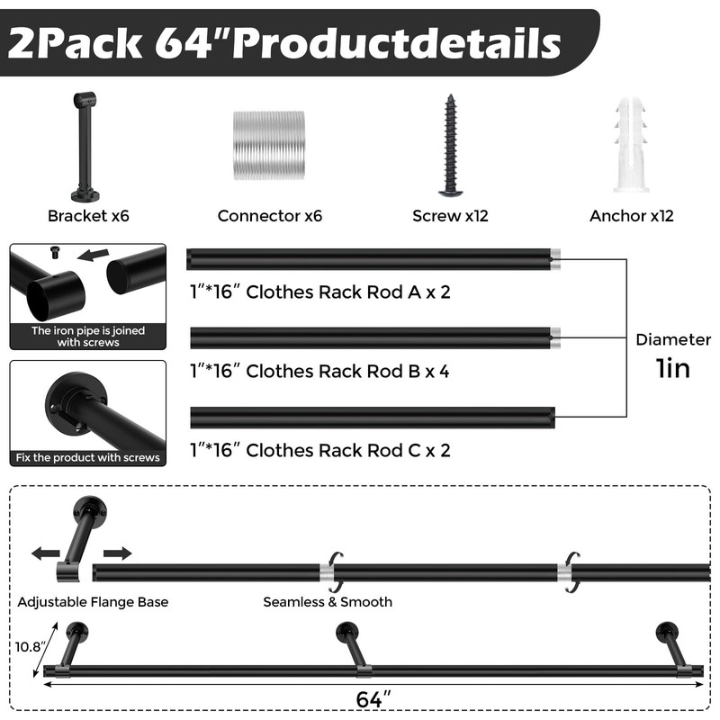 2 Pack Clothes Rack for Hanging Clothes, Heavy Duty Round