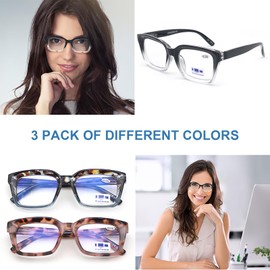 GINGEREYE 3 pack Oprah style Spring hinge Readers Blue Light Blocking Computer Square Reading Glasses for Women Men +1.0