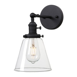 PERMO Industrial Wall Sconce with On/Off Switch and Funnel Flared Clear Glass Shade for Living Room Bathroom Bedroom (Black)