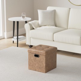 SONGMICS Mazie Collection - 15 Inches Ottoman with Storage, Footstool, Storage Ottoman with Metal Handles, Load 660 lb, for Dorm, Living Room, Bedroom, Synthetic Leather, Coffee Brown ULSF030K01