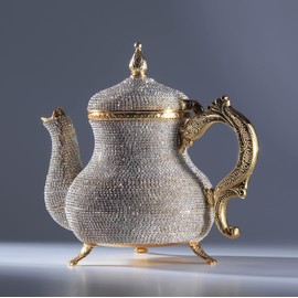 DEMMEX Handmade Gold Decorative Teapot Pitcher – Turkish Moroccan Arabic Style, Crystal Embellished, 2.6 lb, 8x7", Ornate Zamak Kettle for Home Décor & Display – Handmade in Turkey