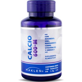 CALCIO 600 M | Calcio, Magnesio, Zinc, Vitamina D3, Omega 3, Cobre y Manganeso | 140 Tabletas de 1,900 mg | Complex para Sistema Oseo y General | Maklen