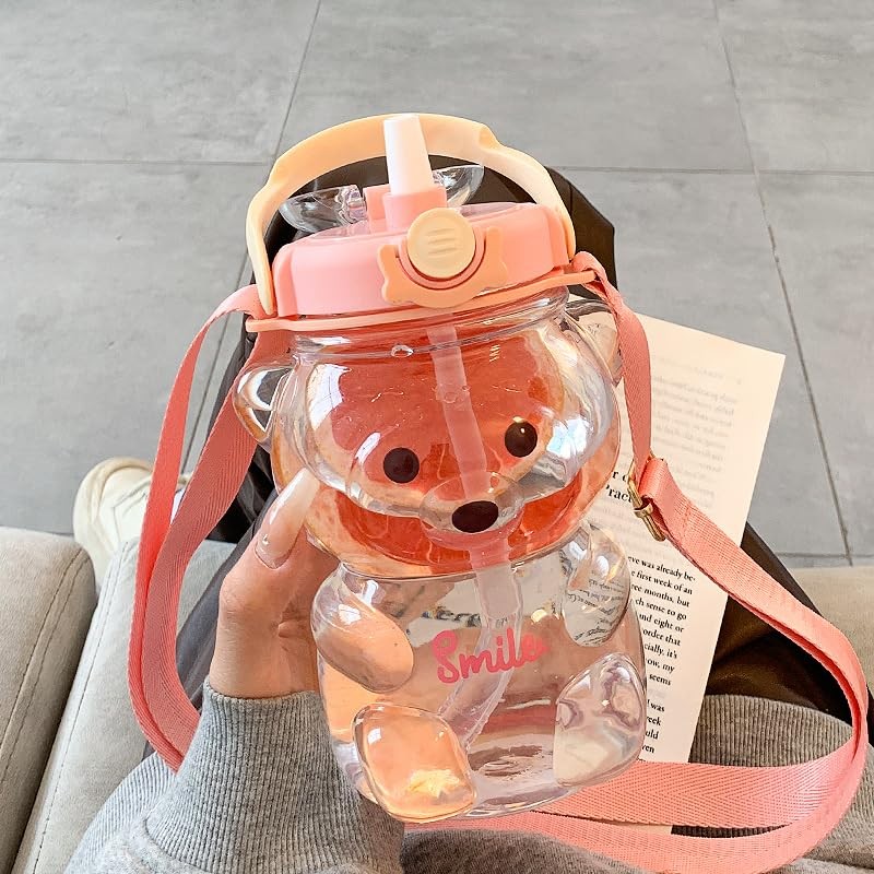 Bear Water Bottle with Straw Kawaii Cute Adjustable and Removable