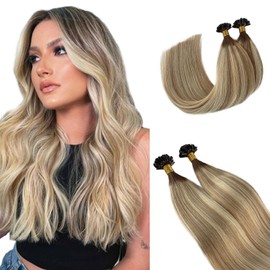 Utip Hair Extensions, Blonde Balayage Utip Extensions Real Human Hair Pre Bonded Beige Blonde Mixed Platinum Blonde U Tip Human Hair Extensions for Women 16 Inch 50g