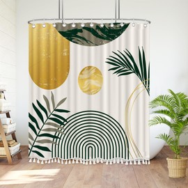 GiuMsi Boho Mid Century Leaf Shower Curtain Set,Arch Sun Design,Minimalistic Leaves Pattern,Waterproof and Luxurious Fabric-12 Hooks(Sage Green-72" x 84")