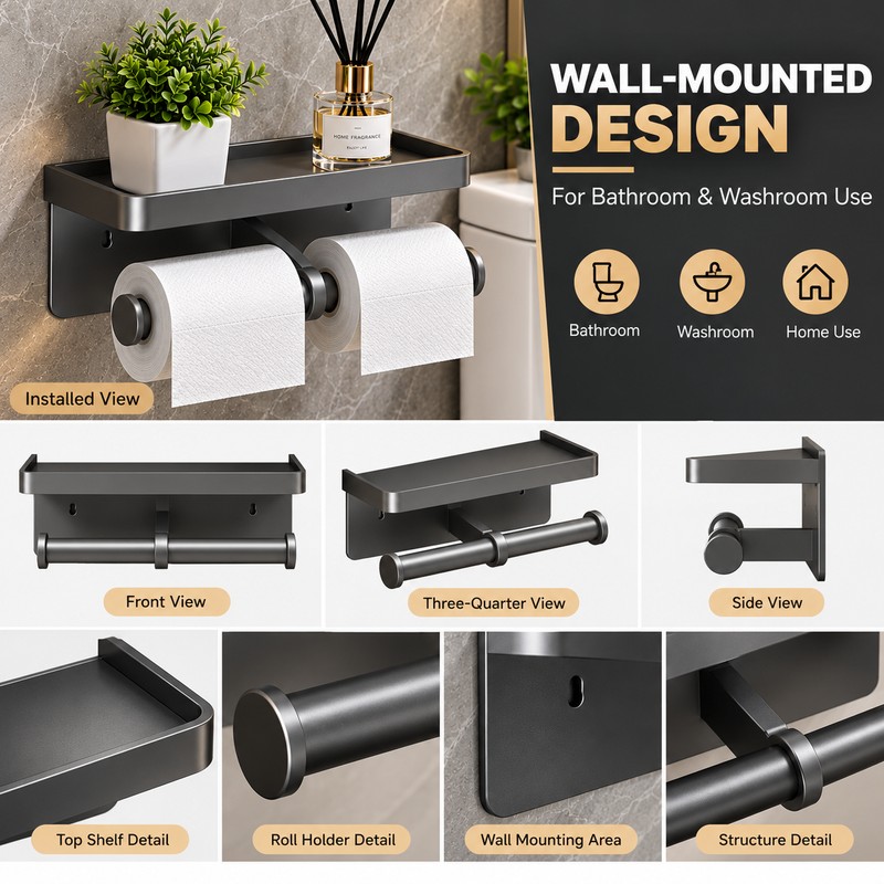Wall Mounted Toilet Paper Holder with Storage Shelf – Black