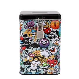 I-TOTAL® Funny Money Box with Padlock and Key Metal Money Box with Clasp (Graffiti)