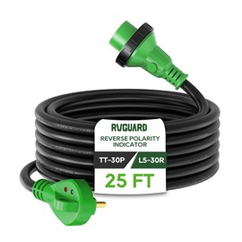 RVGUARD 30 Amp 25 Foot RV Power Cord with Reverse Polarity Indicator, Heavy Duty STW Cord with Cord Organizer, 30 Amp Male Standard to 30 Amp Female Locking Connector, Green, ETL Listed