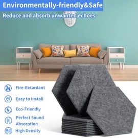 Rdutuok Pack of 12 Acoustic Panels, 30 x 26 x 1 cm, Hexagon Acoustic Absorber, Sound Insulation Panels, Wall for Sound Studio, Office, Studio and Wall Decoration (Dark Grey)