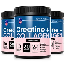 GN Creatine + Marine Collagen Powder, Unflavoured, 5g Creatine Monohydrate and 5g Hydrolysed Marine Collagen per Serving, Strength, Recovery and Joint Support, 3 Pack Bundle