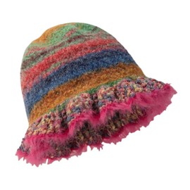 YIRANJIA Women's Crochet Bucket Hat - Cute Colorful Striped Knit, Bohemian Summer Beanie with Fuzzy Ruffle Detail