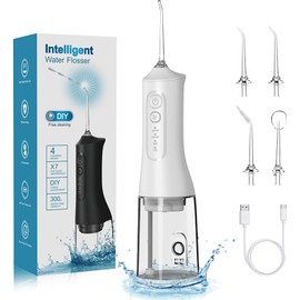 Portable Cordless Water Dental Flosser Teeth Pick 300ML Rechargeable Oral Irrigator with 4 Modes, IPX7 Waterproof,Powerful Flossing for Gum Care, Braces, and Deep Cleaning (White)