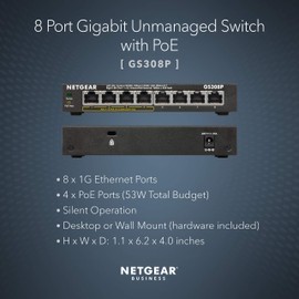 NETGEAR PoE Switch 8 Port Gigabit Ethernet Network Switch (GS308P) (Renewed)