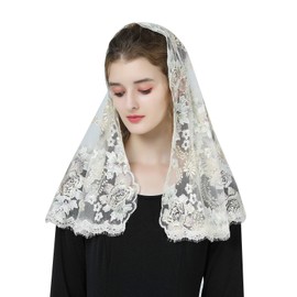 BEAUTELICATE Lace Mantilla Scarf Veil Tulle Stole Golden Champagne For Women Church Fair Chapel Catholic Bride V116, Mixed colour floral embroidery - D shape