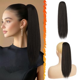 BARSDAR Dark Brown Ponytail Extension - 16 Inch Short Straight Drawstring Ponytail Hair Extensions for Women, Soft Synthetic Clip in Pony Tails Hairpieces Fake Ponytail Daily - Dark Brown