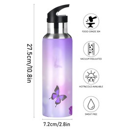 xigua Purple Butterfly Water Bottle with Straw Lid Vacuum Insulated Stainless Steel Thermo Flask for Sports Cycling Hiking School Home,20 oz.