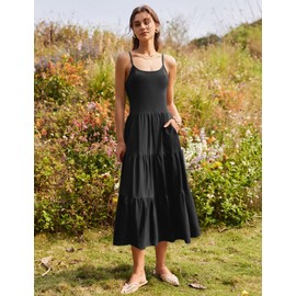 Zeagoo Womens Summer Casual Fashion Sleeveless Dress with Pockets Adjustable Spaghetti Strap Long Tiered Maxi Dress Black