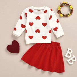 XFGLCK Toddler Kids Baby Girls Valentine's Day Outfits Long Sleeve Heart Print Top + Red Skirts Set (Red, 4-5 Years)