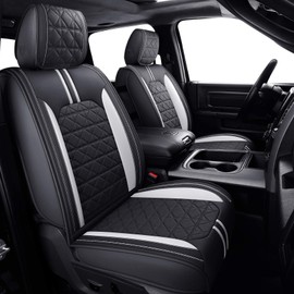 YIERTAI Truck Seat Covers for Dodge RAM fit 2009-2025 2026 1500 2500 3500HD Limited Laramie Classic Bighorn Longhorn Crew Double Quad Cab Mega Cab Waterproof Leather(2 PCS Front only/Black-White)