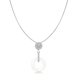 Tuscany Silver Women's Sterling Silver Rhodium Plated Cubic Zirconia White Ceramic 12 x 23 mm Cluster Pendant on Adjustable Snake Chain Necklace of Length 41 cm/16 Inch-46 cm/18 Inch