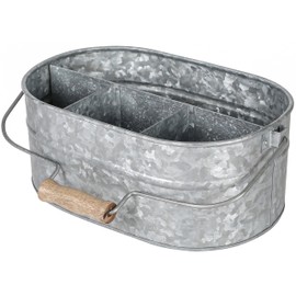 CLEENTABLE Galvanized Farmhouse Utensil Caddy – 4-Compartment Tin Organizer for Kitchen, Parties & Outdoor Use (13.5” L x 10” W x 5.5” H, Removable Handle)