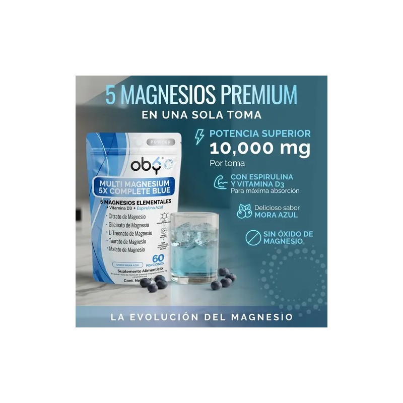 Oby Magnesio Complete 5 Tipos, Espirulina Y D3. Polvo 600g