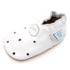 Dotty Fish Infant & Toddler Leather Shoes – Barefoot-Friendly, Non-Slip Suede Sole, Podiatrist Recommended, Breathable Baby-Safe Leather. Unisex. White Cut-Out Stars. 0-6 Months