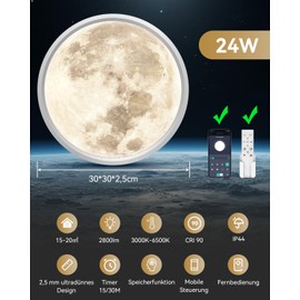 Aphyni Moonlight Ceiling Light LED Diameter 30 cm, 24 W Dimmable Ceiling Light with Night Light, 3000-6500 K 2800 LM IP44 Waterproof Lamp with Timer Memory Function for Bedroom, Children's Room,