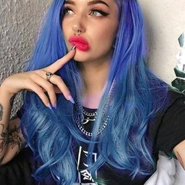 Long Wavy Blue Wigs for Women Dark Blue Ombre Highlight White Curly Lace Front Wig Soft Natural Hairline Realistic Side Part Glueless Synthetic Heat Resistant Fiber Hair Wigs Cosplay Daily 24 Inches