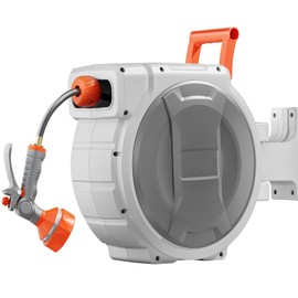 65 ft Retractable Garden Hose Reel Wall Mounted 1/2 Inch Heavy Duty Automatic Water Hose Reel with 9 Pattern Nozzle Slow Rewind System All Weather Durable