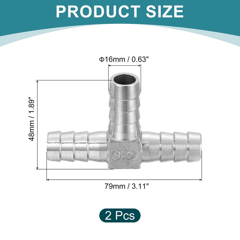 sourcing map 2Pcs 5/8" Tee Hose Barb Pipe Fitting, 304