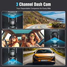 3 Channel Dash Camera Front and Rear Inside, 1080P HD Dash Cam with 32GB Card, Triple DVR Dash Camera with 2”IPS Screen, Night Vision, G-Sensor, Loop Recording, Motion Detection, 24H Parking Monitor