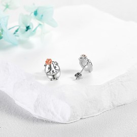 Guinea Pig Earrings Sterling Silver Hamster Rose Flower Stud Earrings Cute Animal Jewellery Gifts for Women Girls