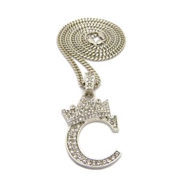 CBC Crown Rhinestone Studded Crown Initial Alphabet Letter Pendant Necklace 24" Cuban Chain Necklaces in Gold Tone or Silver Tone (Silver - C)