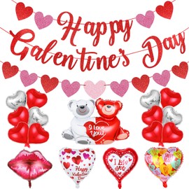 Red Glitter Happy Galentines Day Banner and Valentines Heart Garland Valentines Day Foil Balloons for Happy Galentine’s Day Party Decorations Valentines Wedding Anniversary Party Supplies