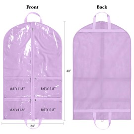 KEEGH Clear Garment Bags for Dance Costumes 40 inch Dance Garment Bags for Dancers Hanging Clothes for Closet Storage, with 4 Zipper Pockets for Dance Competitions, Ballet, Theatre, 2 Pack, Purple