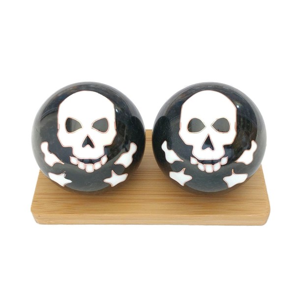 Top Chi Skull and Bones Baoding Balls with Bamboo Stand. Chiming Chinese Health Balls for Hand Therapy, Exercise, and Stress Relief (Medium 1.6 Inch)