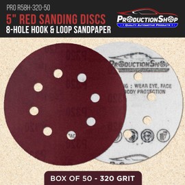 ProductionShop Premium 5" Red 8-Hole Pattern 320 Grit Sanding Discs, Box of 50 - Dustless Hook & Loop Backing Sandpaper for Random Orbital Sanders, Extra-Fine-Cut Abrasive - Woodworking, Auto Paint